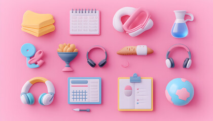 Colorful 3D icons on a pink background.