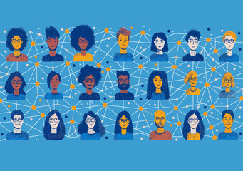 Poster - Virtual Team Teleconference Network Communication Illustration - Connecting Diverse Team Members Over the Internet for Business Collaboration, Minimalistic Vector Art Representation