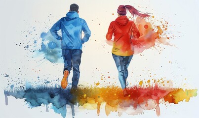 Two runners in vibrant hoodies stride together through a burst of colorful splashes, embodying the spirit of fitness and camaraderie on a sunny day