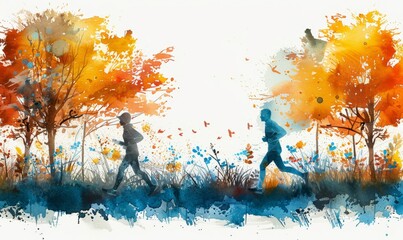 Two runners navigate a vivid autumn landscape filled with colorful trees, blooming flowers, and fluttering butterflies during a picturesque morning jog