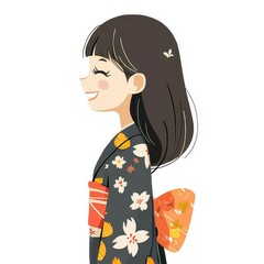 Poster - A cheerful Japanese woman in a colorful kimono, captured in a side view against a white background, perfect for kids books.