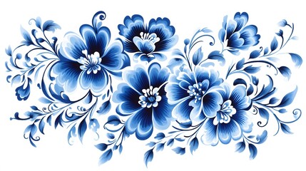 Wall Mural - Intricate Gzhel design featuring swirling blue flowers on a white background, capturing the essence of Russian pottery, High quality, sharp images, graphic, illustration