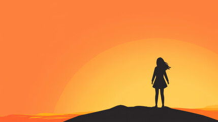 A girl stands on a hill, silhouetted against a stunning orange sunset, capturing the essence of s retro style.