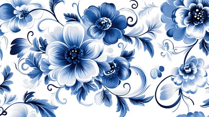 Wall Mural - Intricate Gzhel design featuring swirling blue flowers on a white background, capturing the essence of Russian pottery, High quality, sharp images, graphic, illustration