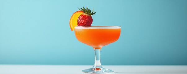 Wall Mural - Refreshing orange cocktail garnished with a fresh strawberry on a vibrant blue background, perfect for summer parties and tropical getaways