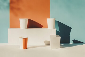 Poster - Modern minimalist composition with white cups and geometric shapes against a vibrant orange and blue background.