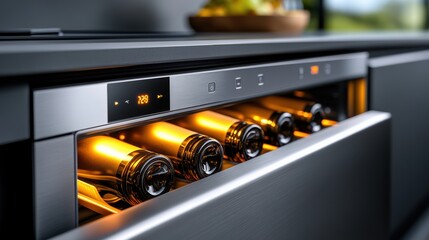 Canvas Print - A close up of a wine cooler with bottles in it, AI