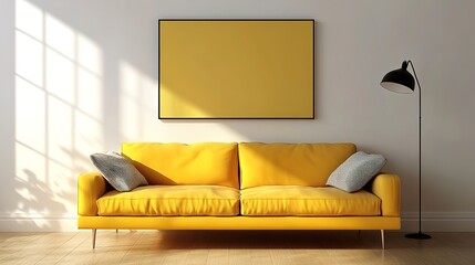 Wall Mural - Raw photo of a vibrant yellow sofa, captured without a frame. 