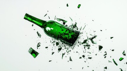 Aufkleber - a shattered green bottle bursts into fragments. the vibrant green glass pieces scatter across a clea