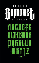 gothic style alphabet. vector. letters and symbols on a black background. calligraphy with a green m