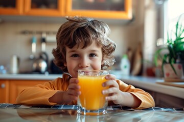 A kid boy drinks orange juice from glass at the kitchen. AI generative