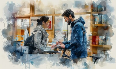 A vibrant interaction between a man and woman in an urban setting, exchanging ideas in a cozy environment filled with colorful stationery and books