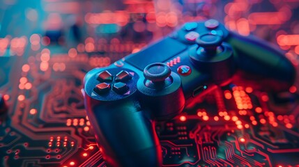 Poster - A black gaming controller with red and blue lights reflecting off the surface, lying on a circuit board.
