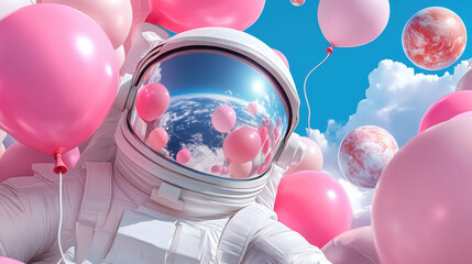 Canvas Print - A man in an astronaut suit floating through a cloud of pink and blue balloons, AI