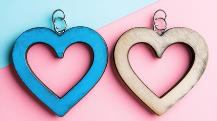 Romantic heart-shaped cutouts on a pink and turquoise striped background, creating a festive and loving decoration. 