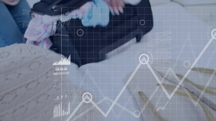 Poster - Animation of financial data processing over biracial woman packing suitcase