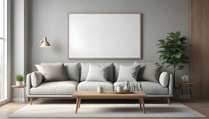 A modern living room with a large blank white frame on the wall, a gray sofa, a wooden coffee table, and decorative pillows