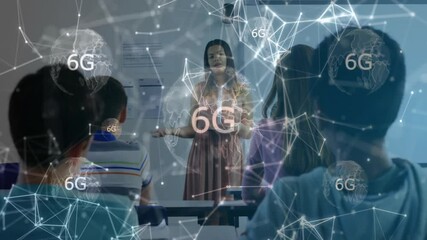 Poster - Animation of network of connections and globes with 6g over diverse students and female teacher