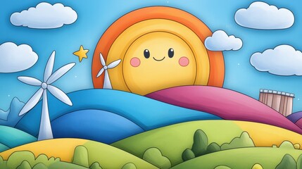 Sticker - A cartoon sun and windmills in a colorful landscape, AI