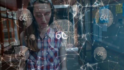 Poster - Animation of network of connections and globes with 6g over caucasian female student