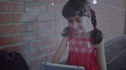 Poster - Animation of network of connections over caucasian schoolgirl using tablet
