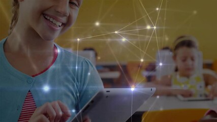 Poster - Animation of network of connections over caucasian schoolgirl using tablet