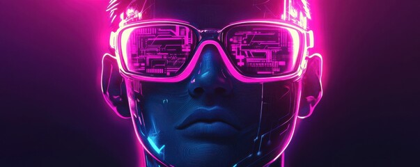 Poster - Futuristic AI robot head with glowing neon pink lights in an abstract digital illustration depicting advanced technology and innovation in artificial intelligence.