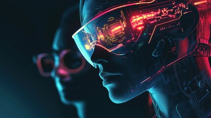 Poster - Futuristic AI robot profile with illuminated visor and intricate digital patterns in a neon-lit environment