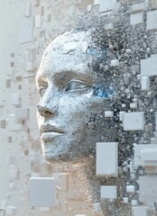 Poster - A futuristic digital artwork showcasing an AI humanoid head composed of intricate cubes and data patterns, symbolizing the concept of artificial intelligence and technology evolution.
