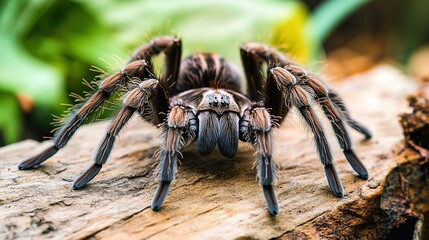 Surreal tarantula with two human legs, blending the natural world with fantasy. This unique creature features the large body and eight hairy legs of a tarantula combined with two human legs, 