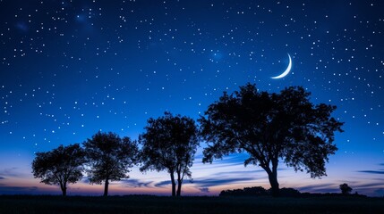 Wall Mural - A serene night sky filled with twinkling stars and a crescent moon, silhouetted trees in a quiet field, dark blue and white color palette, peaceful atmosphere,