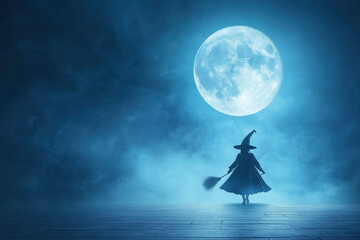 Witch's Moonlight Flight: A mysterious silhouette of a witch with a broom, illuminated by the ethereal glow of a full moon, creates a captivating scene of magic and mystery in a dark and misty night. 