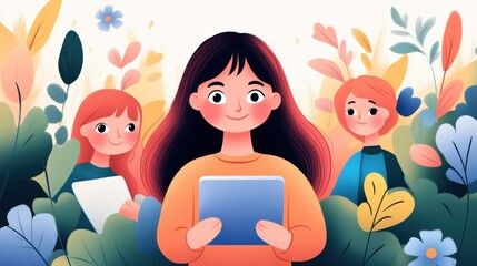 Poster - A cartoon girl with a tablet in her hand surrounded by children, AI