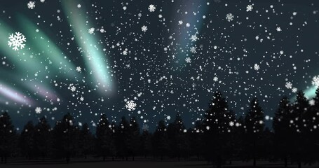 Wall Mural - Animation of snow falling over winter landscape at christmas