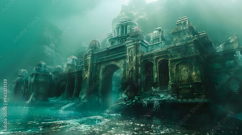 Raster illustration of underwater sunken ancient city. Ruins of an ...