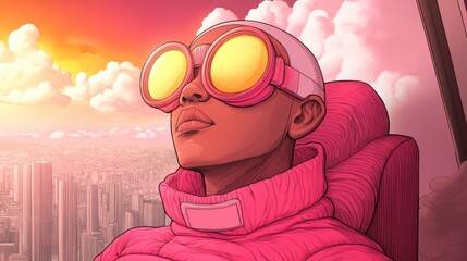 Wall Mural - A cartoon of a woman in pink goggles and sunglasses on top of the city, AI