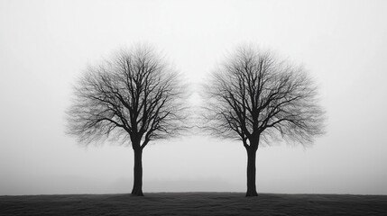 Wall Mural - two trees are standing next to each other in a foggy field. the trees are bare and have no leaves, g