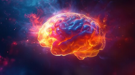 Poster - A brain is shown in a bright orange and blue color. The brain is surrounded by a fiery explosion, giving the impression of a brain on fire. The image is a creative