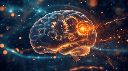 Poster - A brain with gears and a light on it. The brain is surrounded by a blurry background. Concept of complexity and mystery, as the gears and light suggest a deeper understanding of the brain's workings