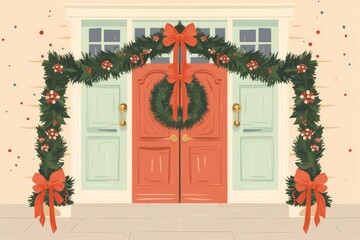 Wall Mural - Front door christmas garland architecture illuminated celebration.