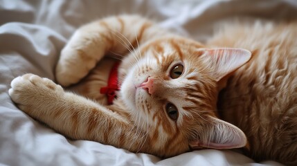 Ginger tabby cat lying on its back with a relaxed and curious expression, wearing a red collar. The skinny orange cat with distinct striped fur looks comfortable, showcasing its adorable pose with paw