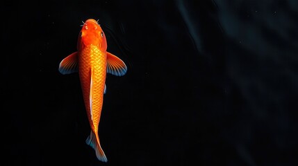 A goldfish swimming in a dark blue body of water. The fish is the only thing visible in the image