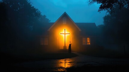 A church bathed in the soft glow of a cross, illuminated from behind by a miraculous light in the dark of night.