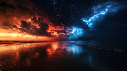 Wall Mural - a stormy sky with a bright orange and blue sky. the sky is filled with lightning and the ocean is ca