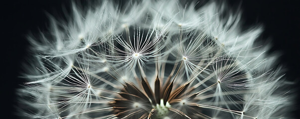 A detailed macro photograph of a dandelion head with its white seeds ready to disperse