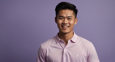 Canvas Print - Joyful Asian male model in pastel pink polo shirt on lavender background