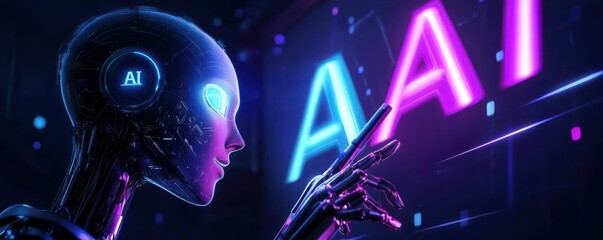 Poster - Futuristic AI robot hand interacting with a smartphone in neon lights representing technology advancement and artificial intelligence innovation