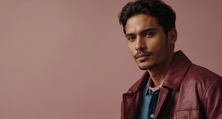 Canvas Print - Relaxed Hispanic male model in dark red jacket on pale pink background