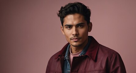 Relaxed Hispanic male model in dark red jacket on pale pink background