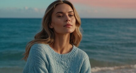 Poster - Relaxed White female model in blue sweater and jeans on coral background